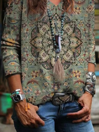 Ethnic V Neck Loose T-Shirt