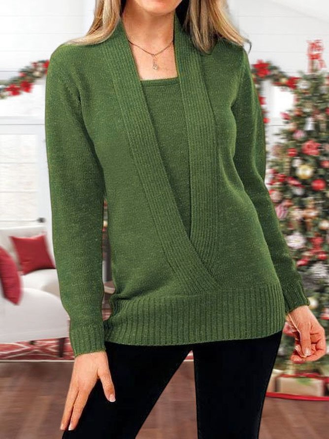 JFN V-neck Casual Warm 2-in-1 Tunic Sweater