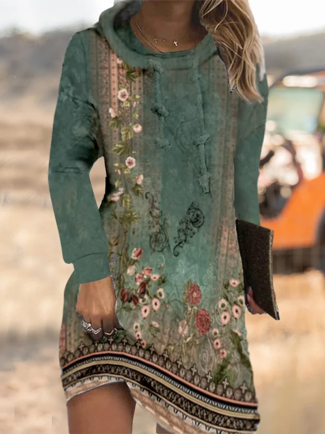Women Retro Vintage Floral Loose Hoodie Midi Dress