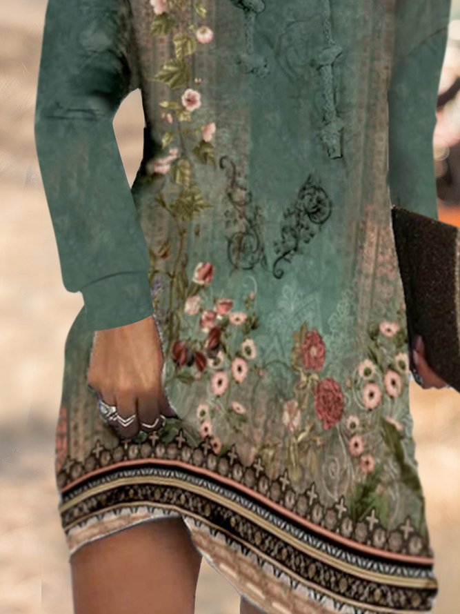 Women Retro Vintage Floral Loose Hoodie Midi Dress