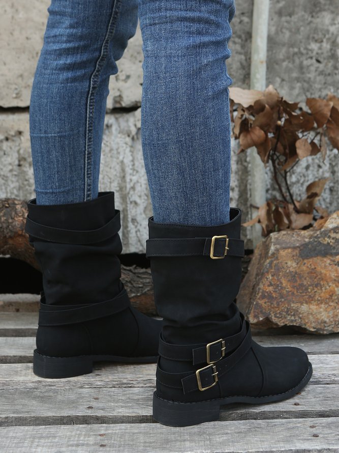 Ruched Buckle Casual Leather Booties