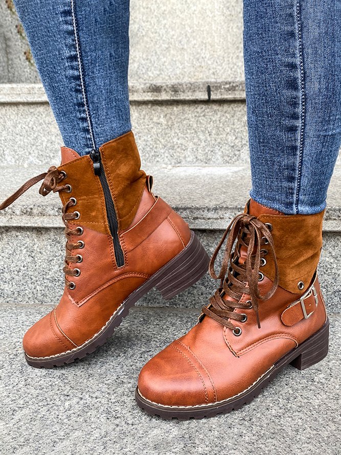 Retro Stitching Lace-up Zipper Boots