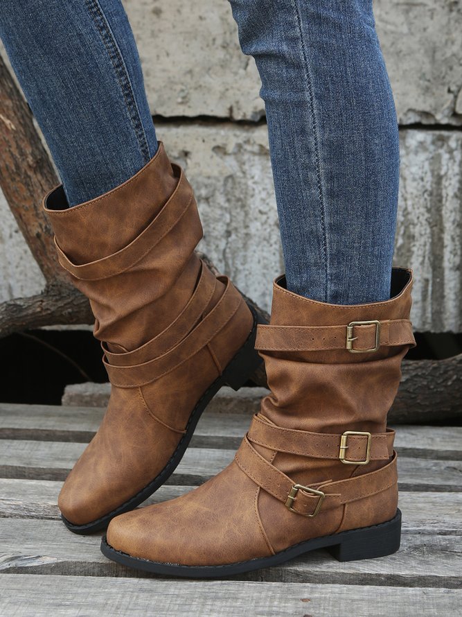 Ruched Buckle Casual Leather Booties