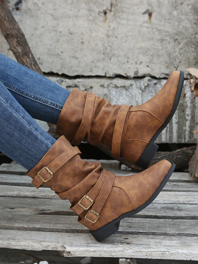 Ruched Buckle Casual Leather Booties