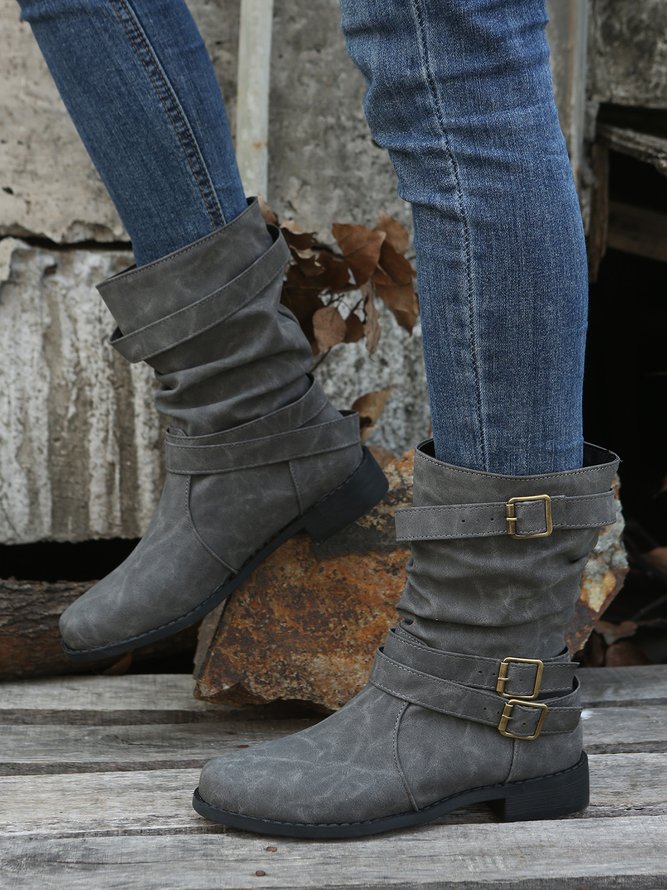 Ruched Buckle Casual Leather Booties
