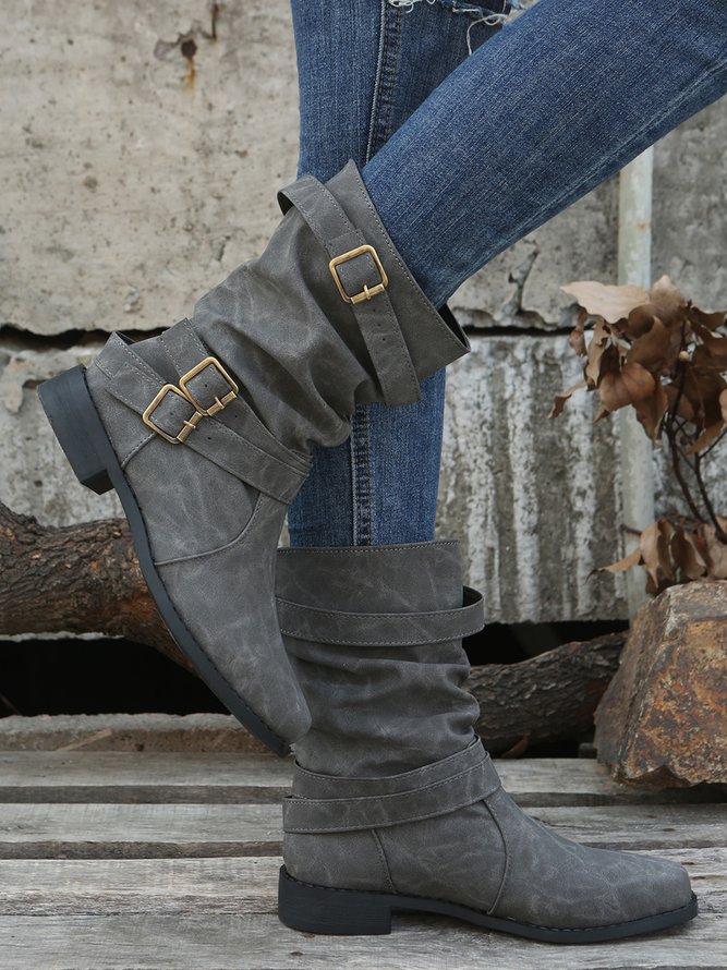 Ruched Buckle Casual Leather Booties