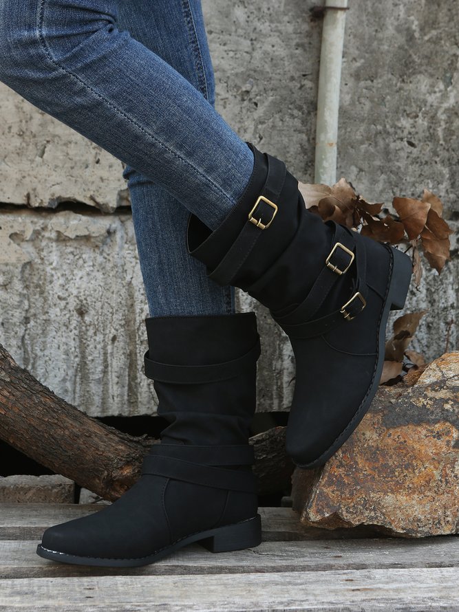 Ruched Buckle Casual Leather Booties