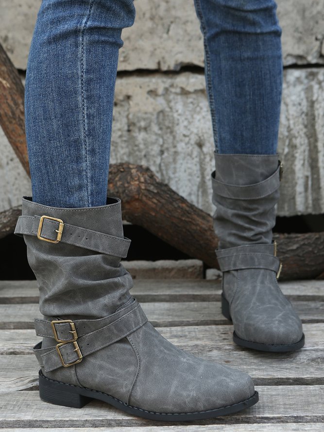 Ruched Buckle Casual Leather Booties
