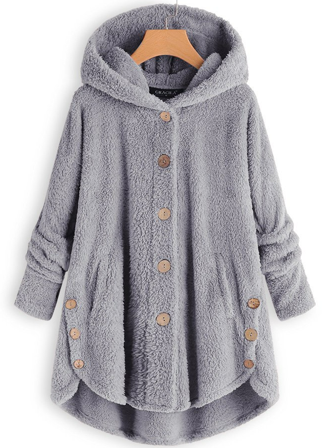 Women Cozy Fleece Hooded Fuzzy Asymmetrical Hem Button Teddy Bear Coat
