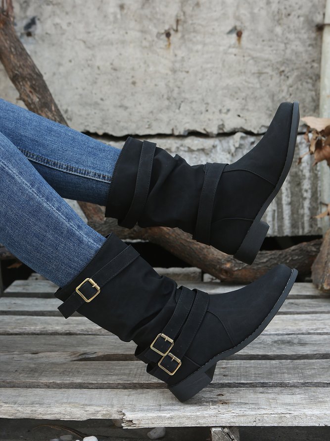 Ruched Buckle Casual Leather Booties