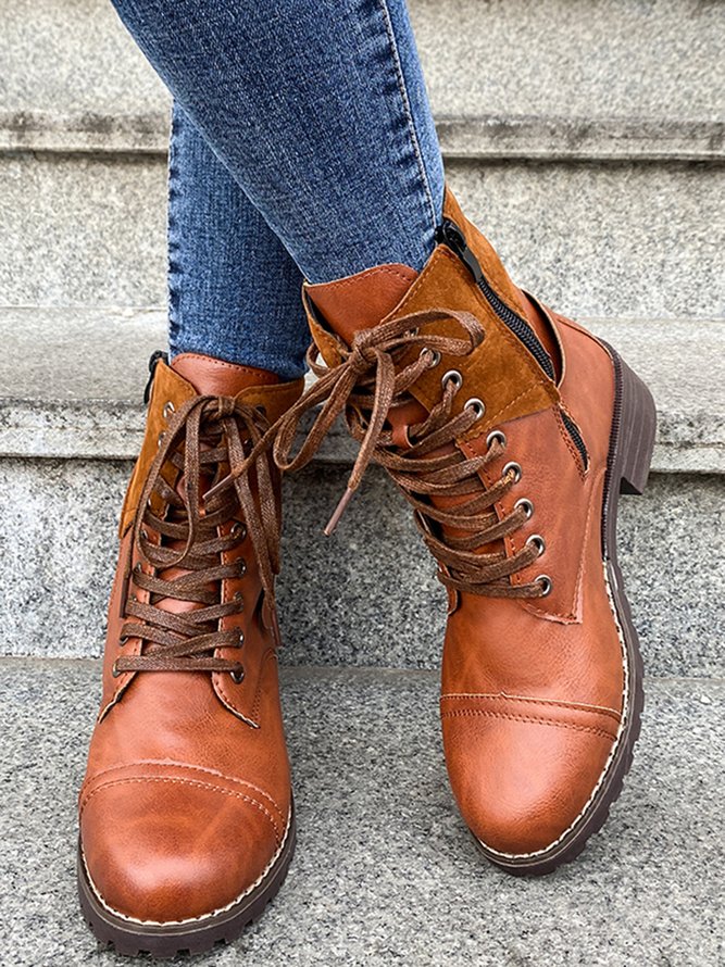 Retro Stitching Lace-up Zipper Boots