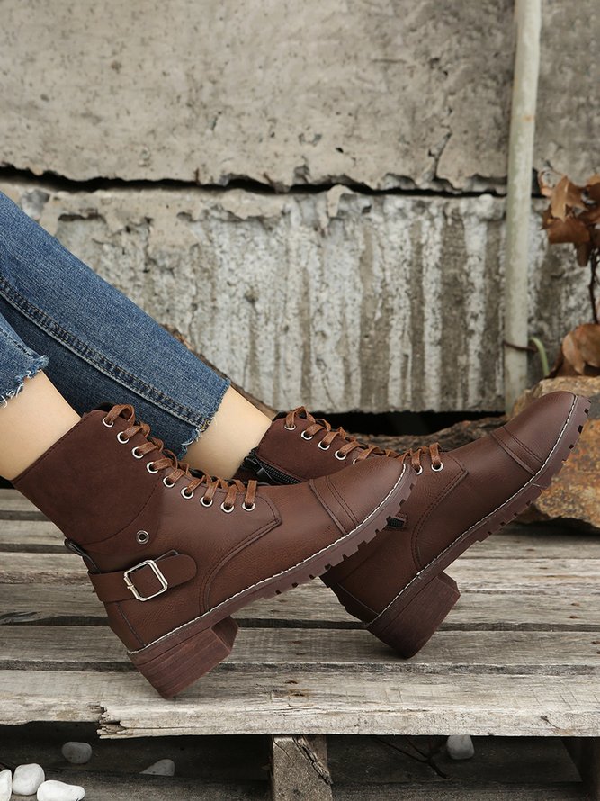 Retro Stitching Lace-up Zipper Boots