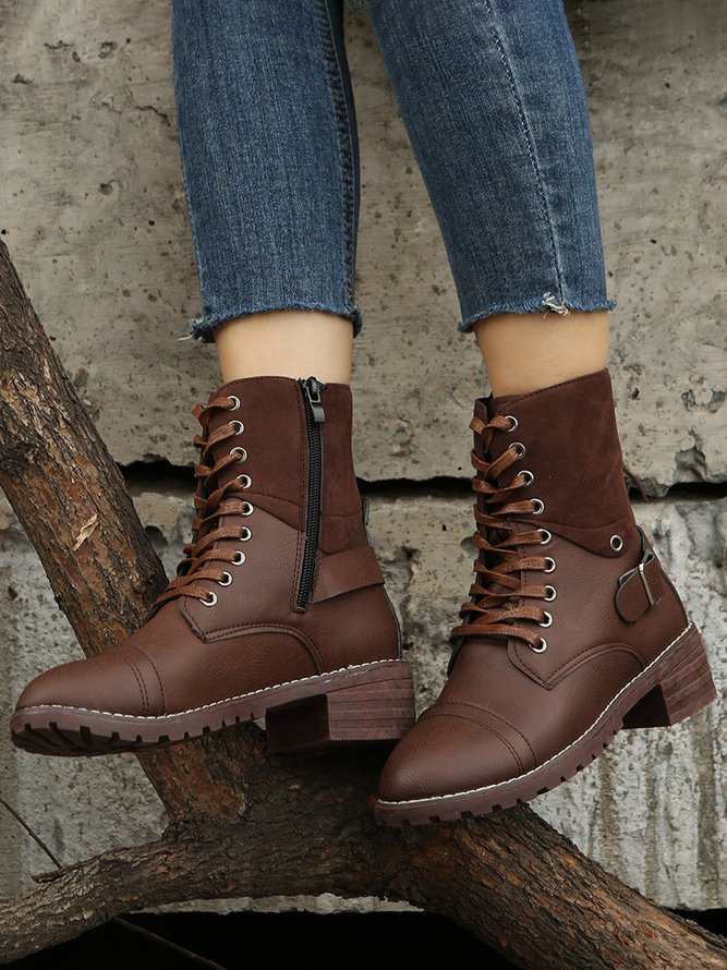 Retro Stitching Lace-up Zipper Boots