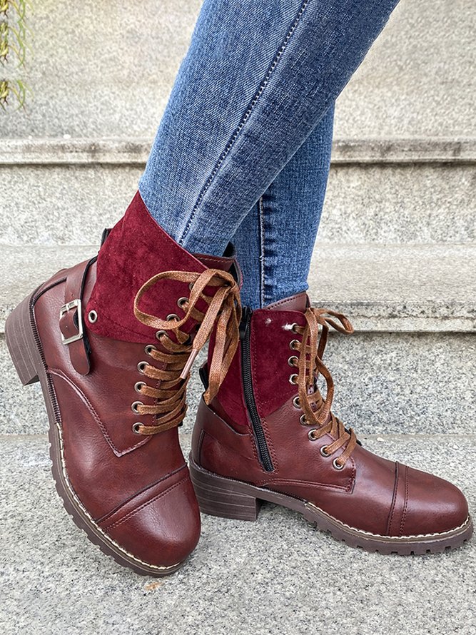 Retro Stitching Lace-up Zipper Boots