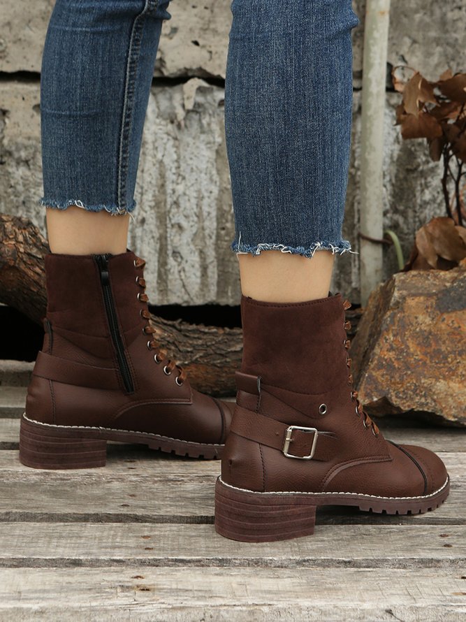 Retro Stitching Lace-up Zipper Boots
