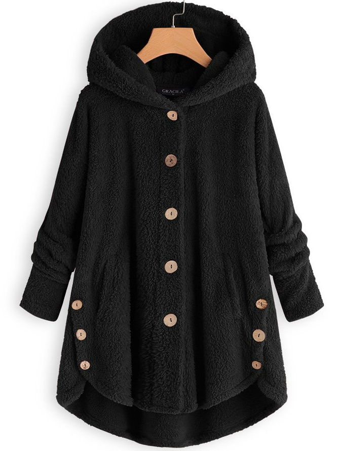 Women Cozy Fleece Hooded Fuzzy Asymmetrical Hem Button Teddy Bear Coat
