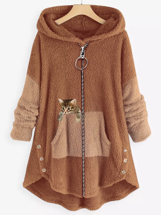 Women Color Block Fluff/Granular Fleece Fabric Cat Zipper Hooded Coat