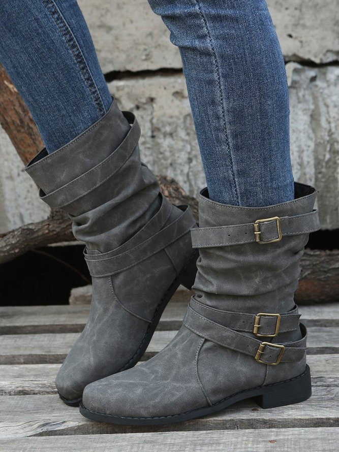 Ruched Buckle Casual Leather Booties