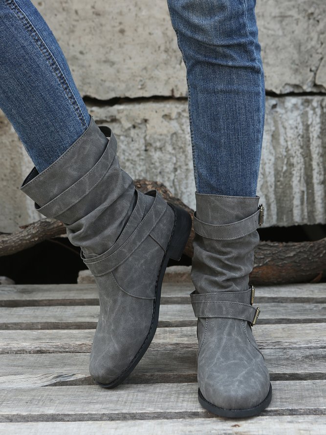 Ruched Buckle Casual Leather Booties