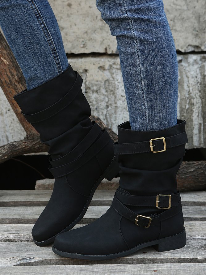 Ruched Buckle Casual Leather Booties