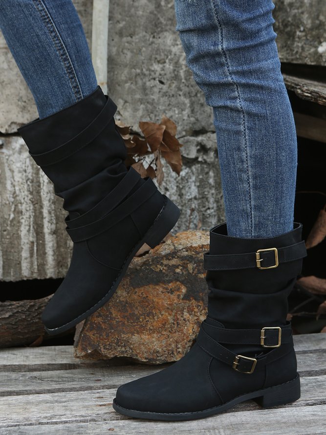 Ruched Buckle Casual Leather Booties