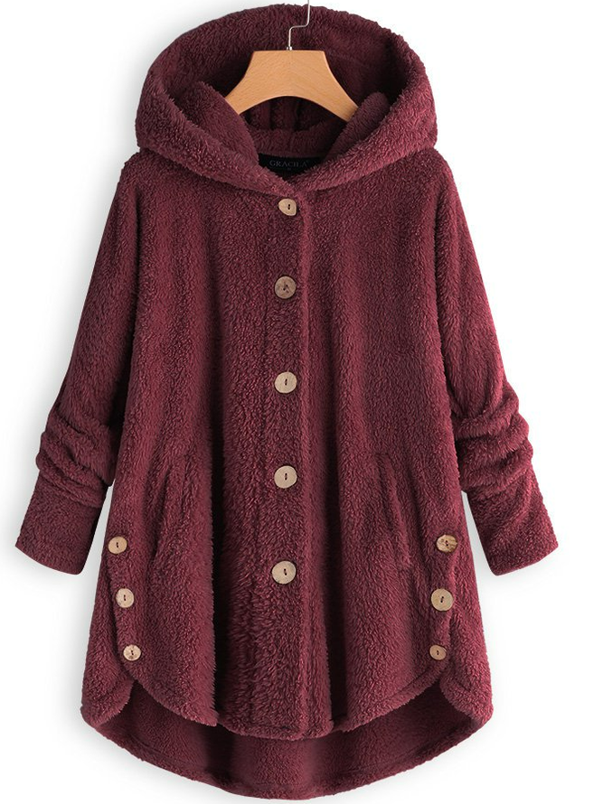 Women Cozy Fleece Hooded Fuzzy Asymmetrical Hem Button Teddy Bear Coat