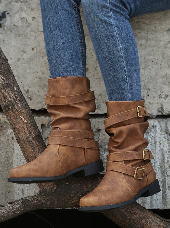 Ruched Buckle Casual Leather Booties