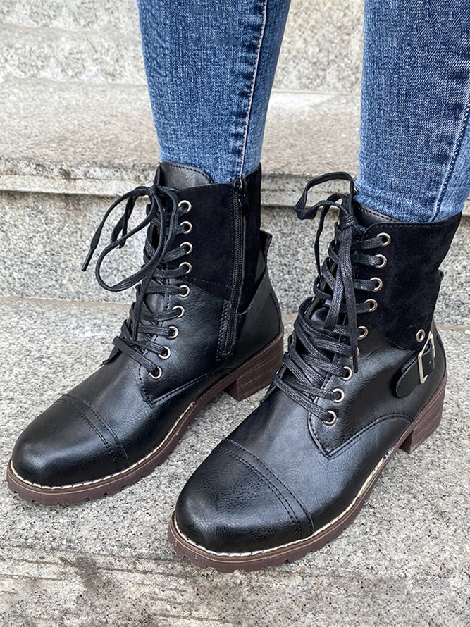 Retro Stitching Lace-up Zipper Boots