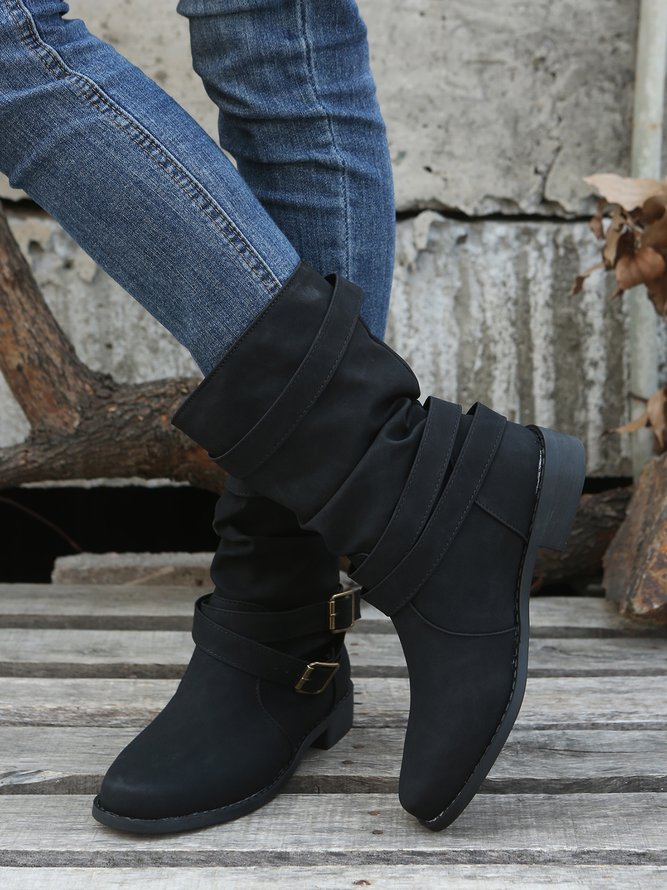 Ruched Buckle Casual Leather Booties