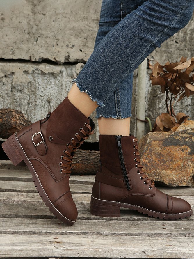 Retro Stitching Lace-up Zipper Boots
