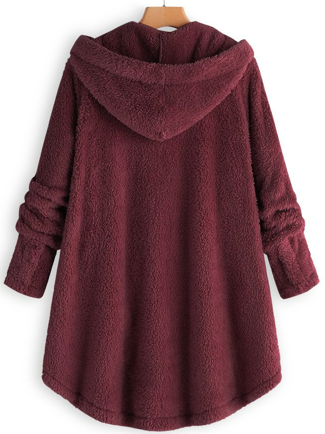 Women Cozy Fleece Hooded Fuzzy Asymmetrical Hem Button Teddy Bear Coat