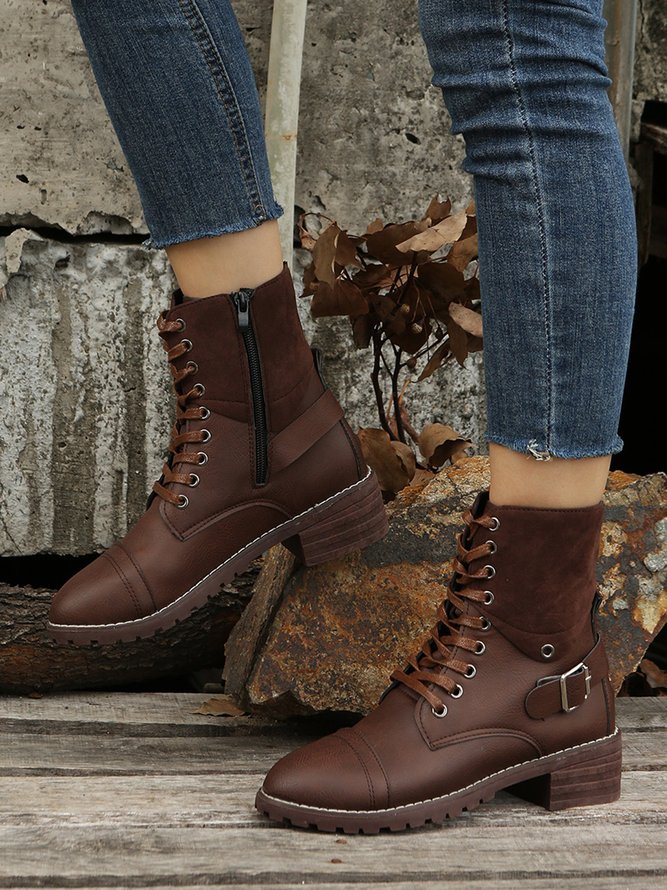 Retro Stitching Lace-up Zipper Boots