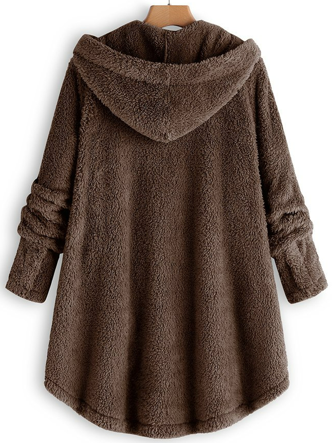 Women Cozy Fleece Hooded Fuzzy Asymmetrical Hem Button Teddy Bear Coat