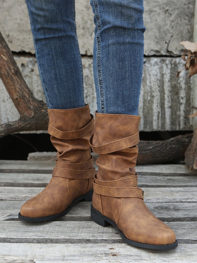 Ruched Buckle Casual Leather Booties