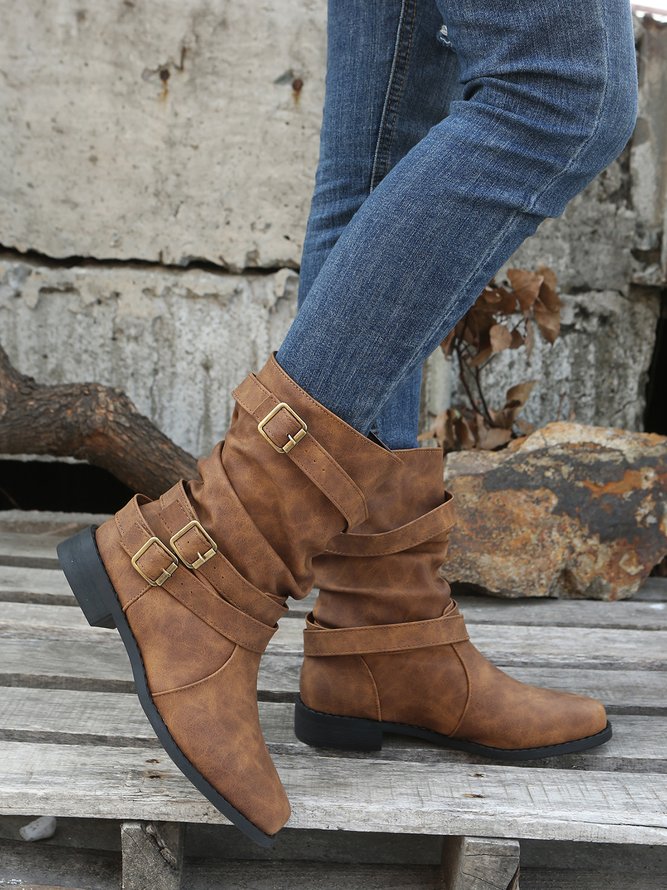 Ruched Buckle Casual Leather Booties