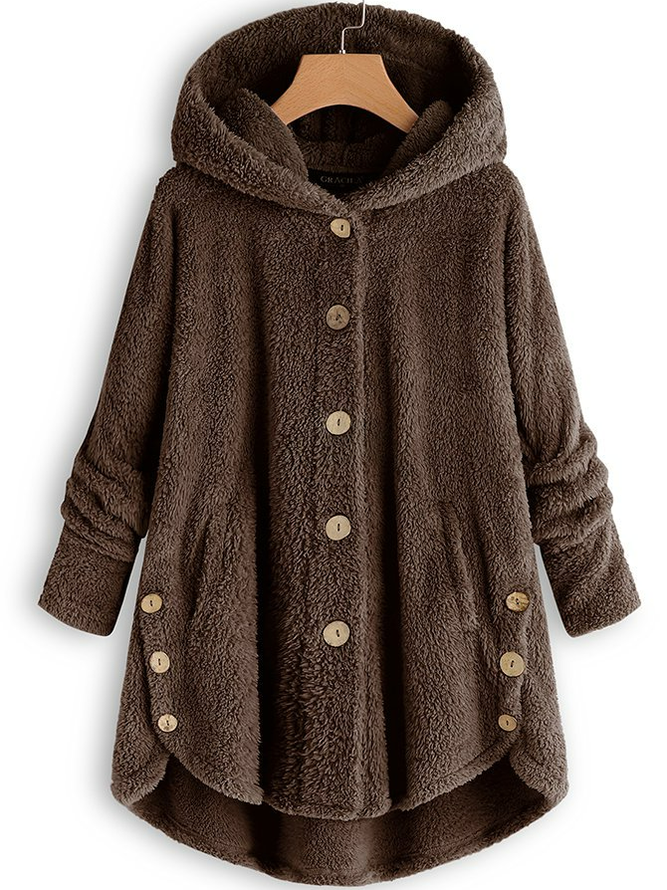 Women Cozy Fleece Hooded Fuzzy Asymmetrical Hem Button Teddy Bear Coat