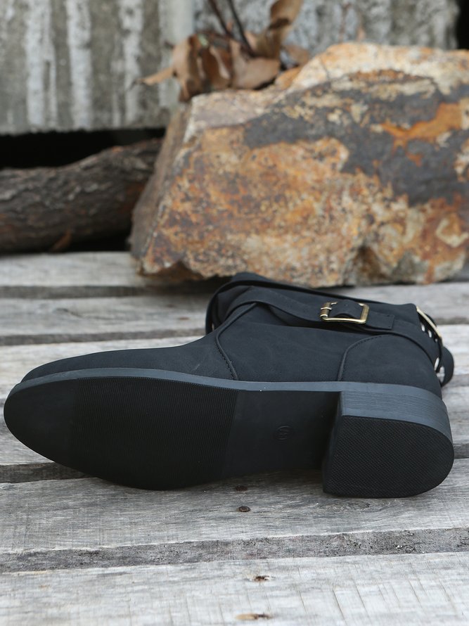 Ruched Buckle Casual Leather Booties