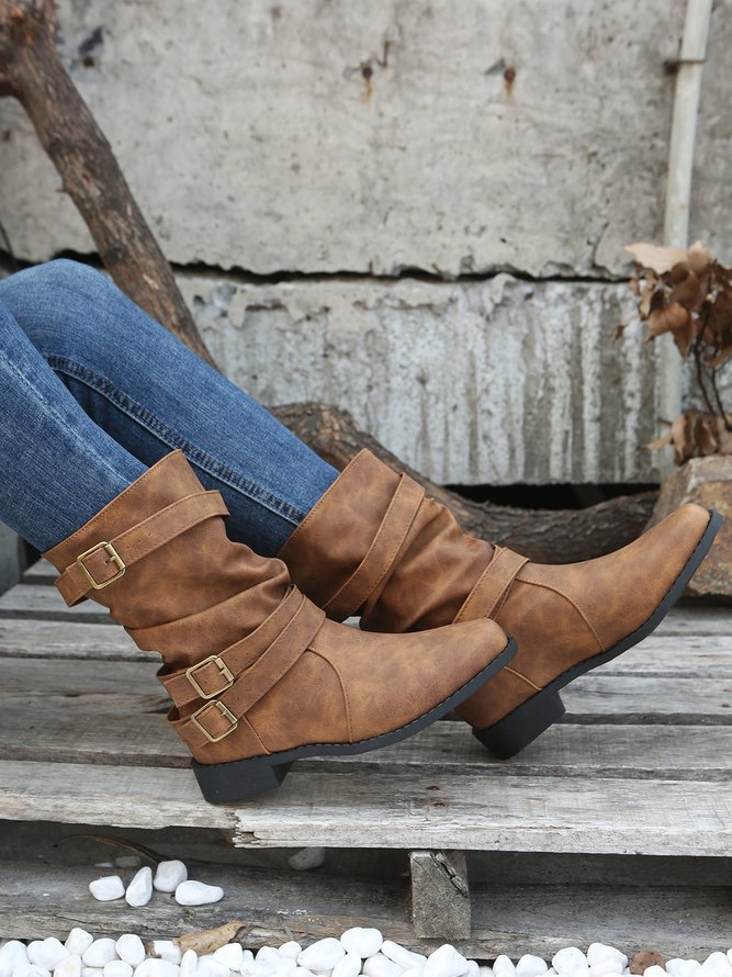 Ruched Buckle Casual Leather Booties