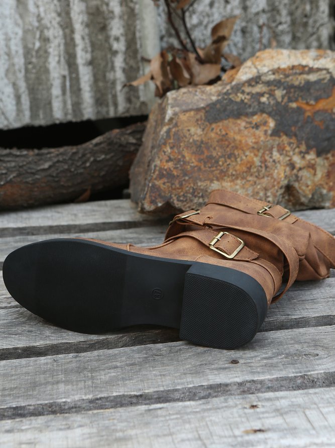 Ruched Buckle Casual Leather Booties