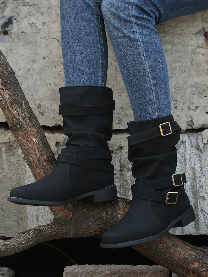 Ruched Buckle Casual Leather Booties