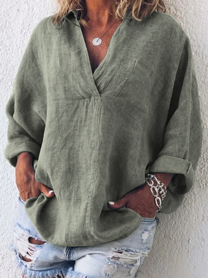 Spring Solid Long Sleeve V Neck Blouses