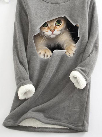 Casual Crew Neck Fluff/Granular fleece fabric Loose H-line Cat Sweatshirt