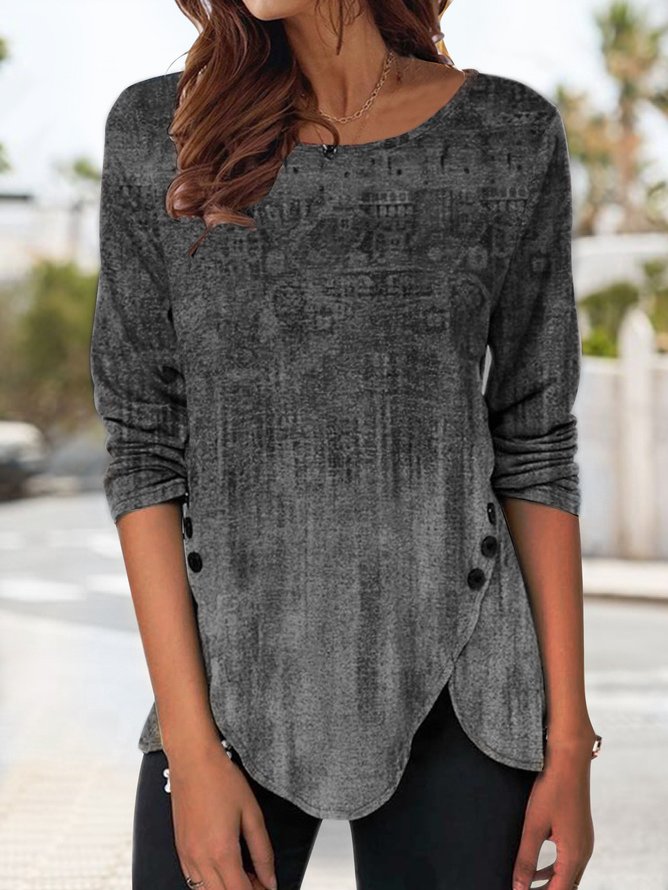 JFN Women Crew Neck Casual Floral Print Ethnic Gradient Long Sleeve Tunic Top