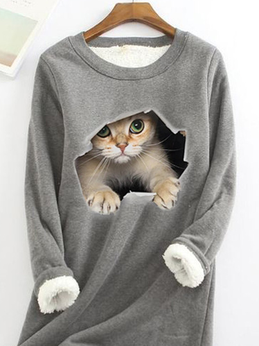 Casual Crew Neck Fluff/Granular fleece fabric Loose H-line Cat Sweatshirt