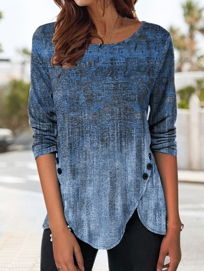 JFN Women Crew Neck Casual Floral Print Ethnic Gradient Long Sleeve Tunic Top