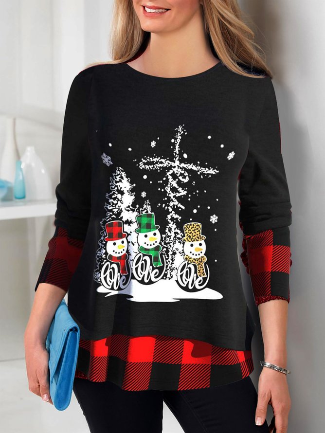 Women's Long Sleeve Faux Two Piece Tunic Tops Christmas Snowman Printed