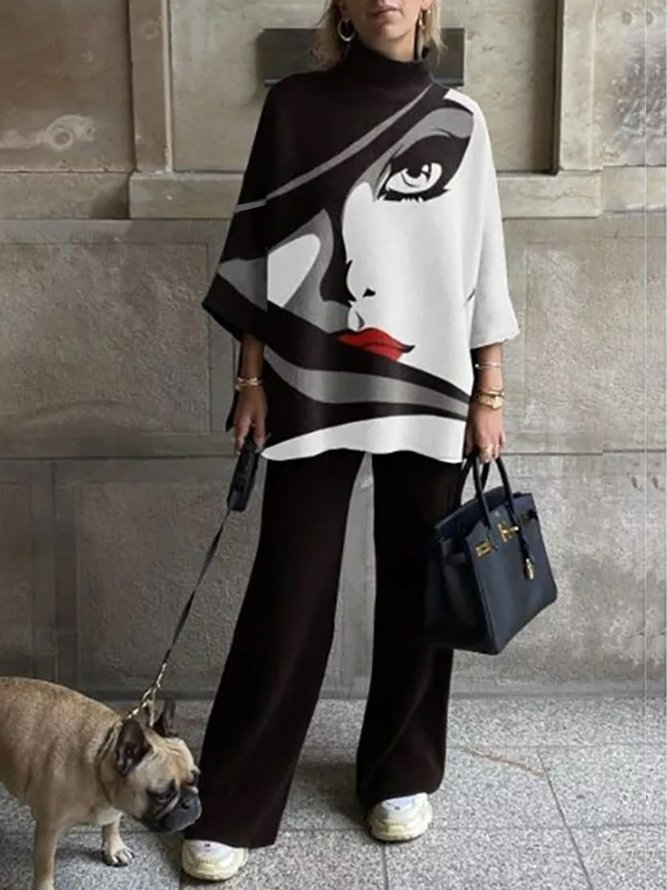 Half Turtleneck  Figure Abstract Two-Piece Set