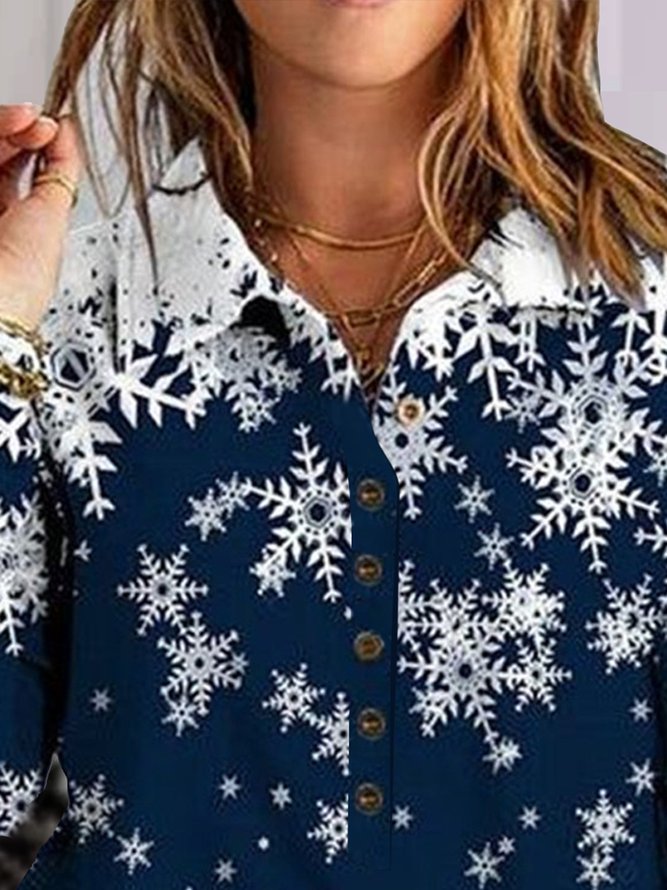 Casual Fashion Snowflake Print Button Lapel Long Sleeve Sweatshirt