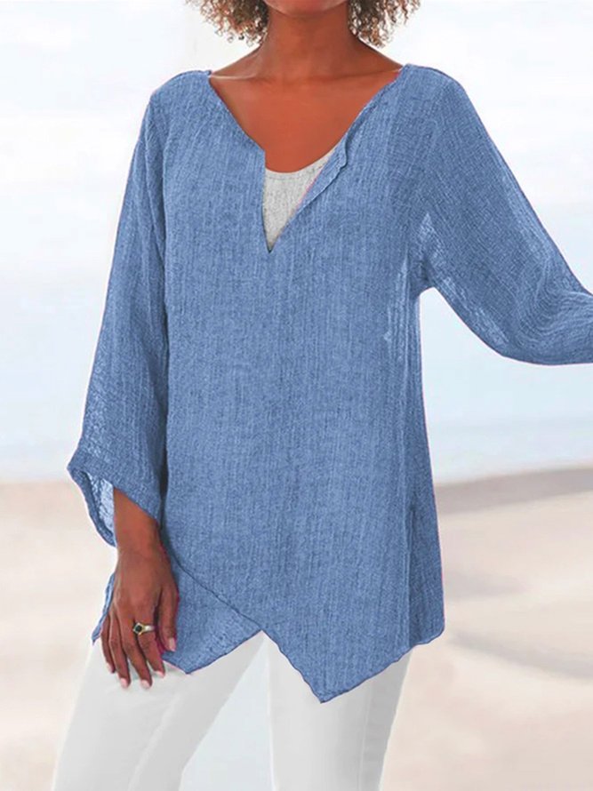 Cotton Linen Shirts for Women Asymmetric Hem Loose Fit Long Sleeve Tunic Top