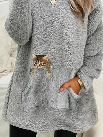 Plush Crew Neck Casual Cat Thermal Dress